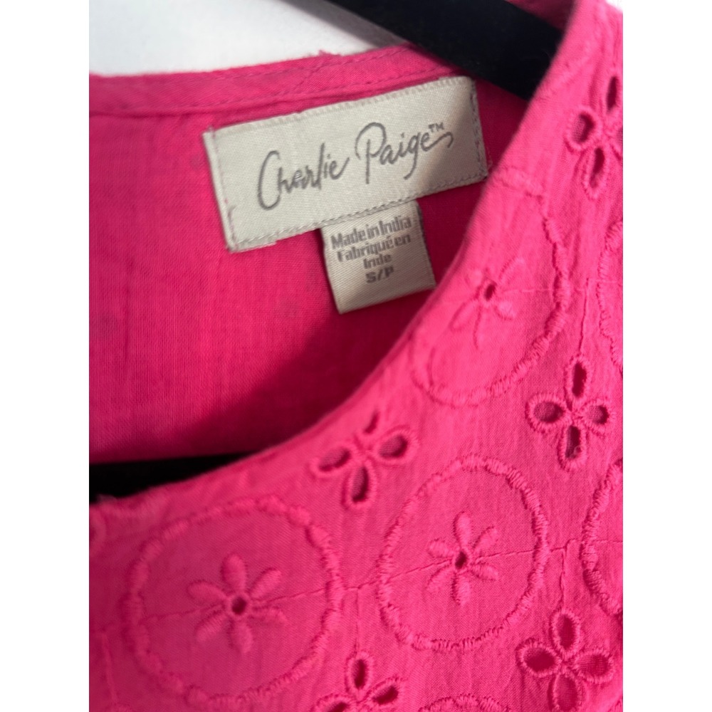 Charlie Paige Hot Pink Cotton Eyelet Sleeveless Shift Dress Womens Small - Picture 2 of 9